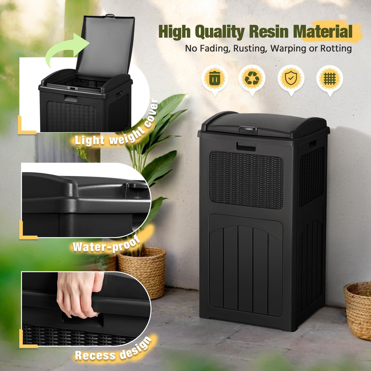 33 Gallon Outdoor Trash Can – Hideaway Resin Waste Bin, Waterproof, Tiered Lid, Patio Deck Backyard Garbage Container