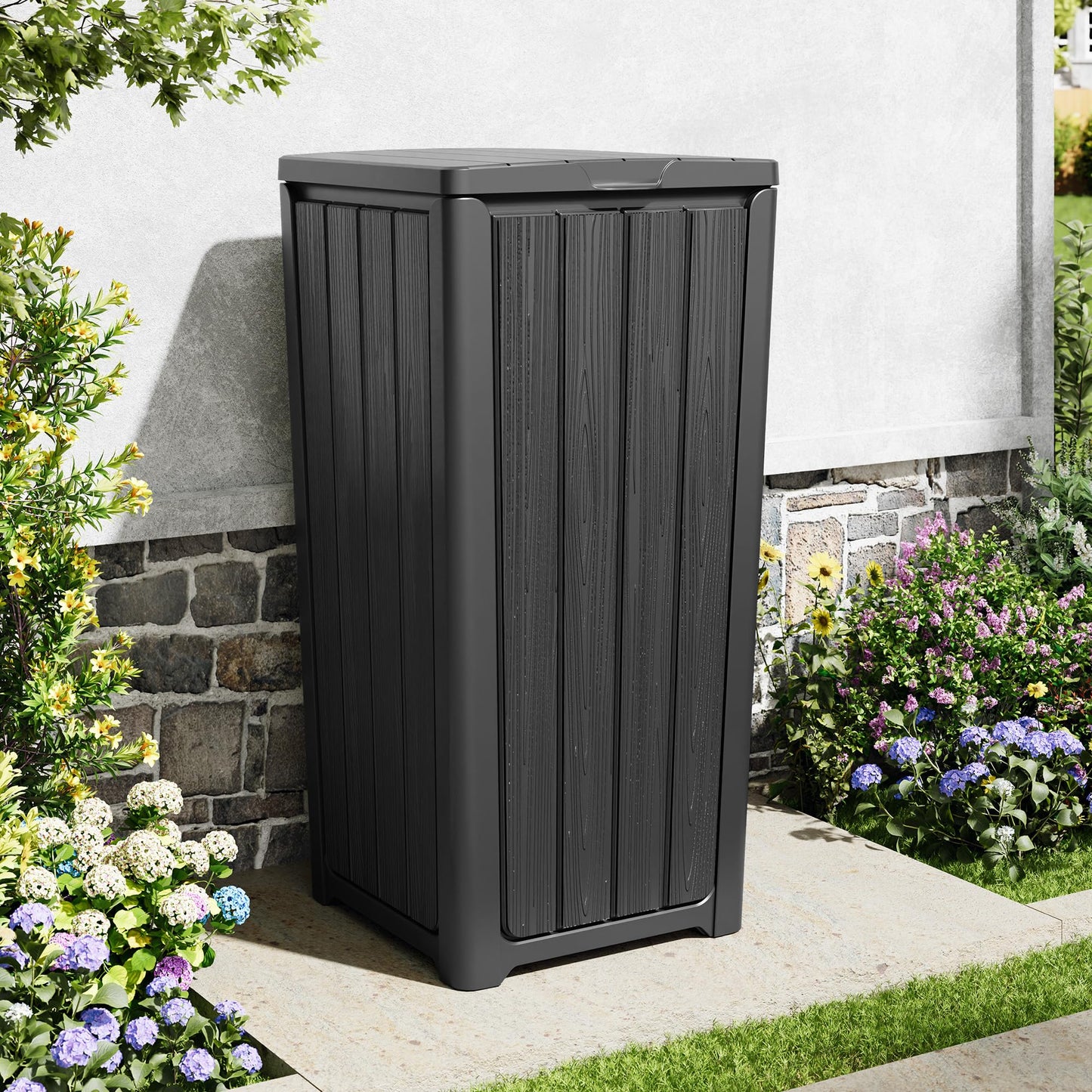 Outdoor Trash Can with Lid – Waterproof Resin Garbage Bin, Patio Garage Deck Backyard Waste Container